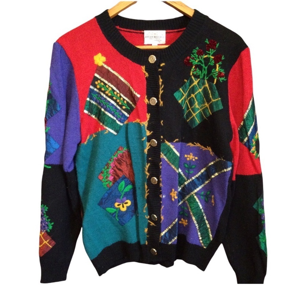 Vintage Susan Bristol cardigan sweater 90s color block embellished embroidered L